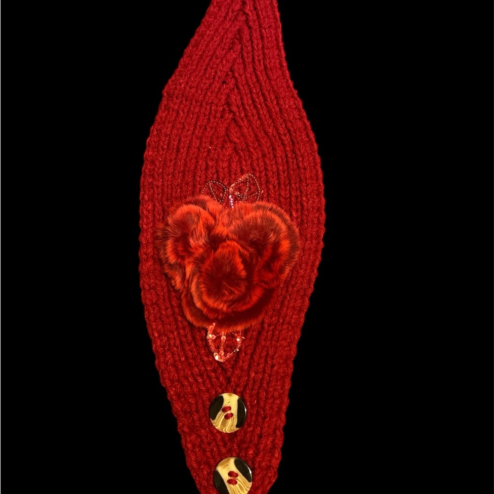 Red Knitted Headband with Floral Accent
